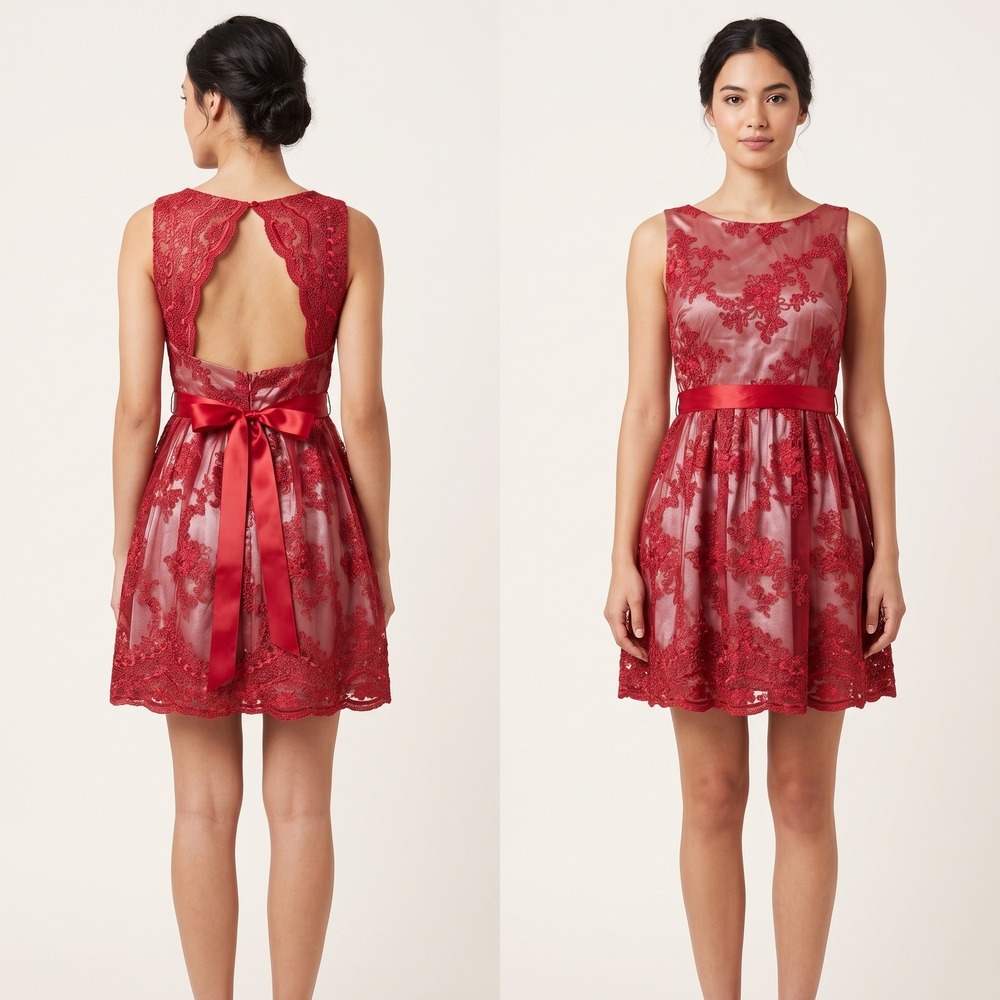 TEEZE ME Size 5 Red Floral Lace Overlay Fit Flare Rockabilly Formal Prom Dress